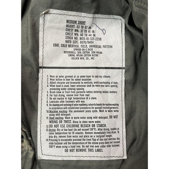 US Army Cold Weather Coat Universal Pattern‎ SPM100-06-C-0439 M-Short - Picture 3 of 3